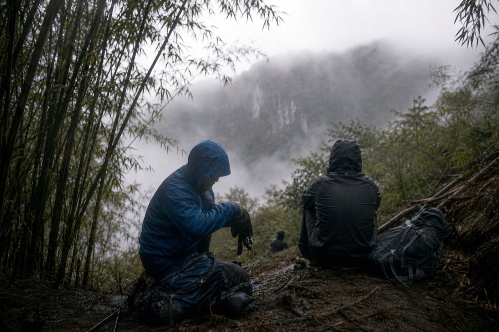 Trekkers resting on a muddy slope in rain-soaked jackets, one wringing water from a glove, thick cloud closing in on the ridge behind