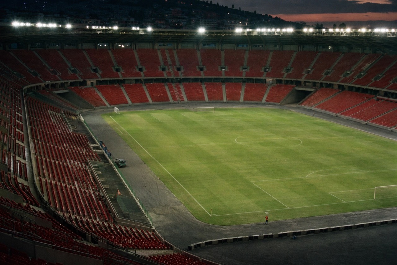 An empty floodlit football stadium at dusk seen from the upper tier, rows of empty red seats above a bright green pitch, no crowd and no signage