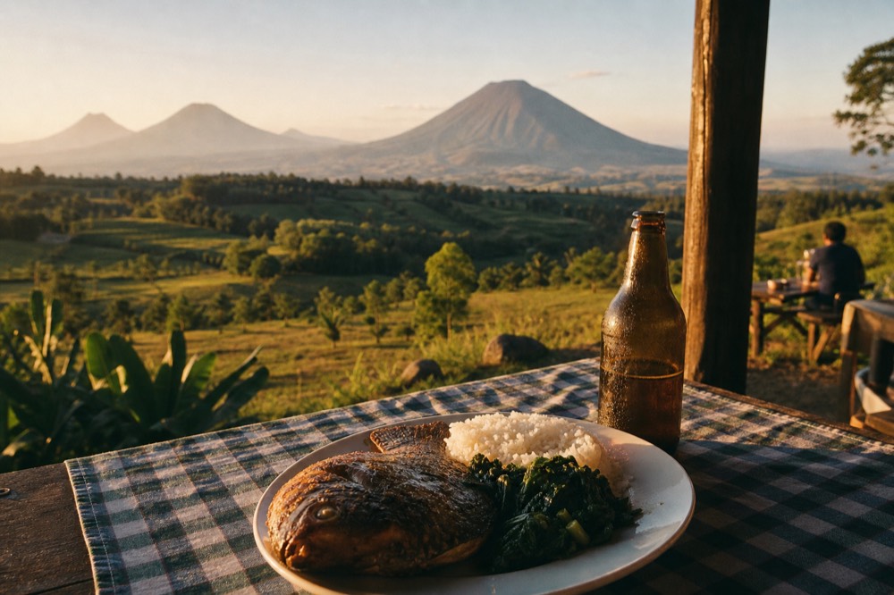 A plate of grilled tilapia, rice and sauteed greens on a checked cloth beside a cold bottle, set on a shaded veranda table overlooking green hills