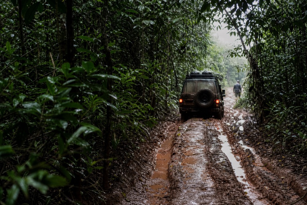 Wet red-brown mud on a narrow forest trail between dense green undergrowth, boot prints filled with rainwater, dripping leaves overhead in flat grey light