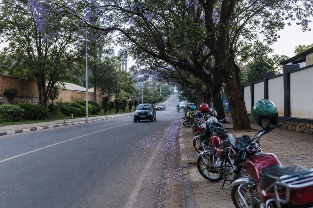A quiet tree-lined Kigali street in late afternoon light with clean pavements, low walls and jacaranda blossom, motorbike taxis parked in a row