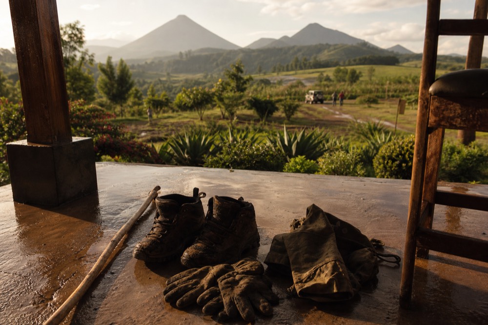 Muddy ankle-height hiking boots, canvas gaiters and thick gardening gloves laid out on a lodge veranda floor beside a wooden walking stick after rain