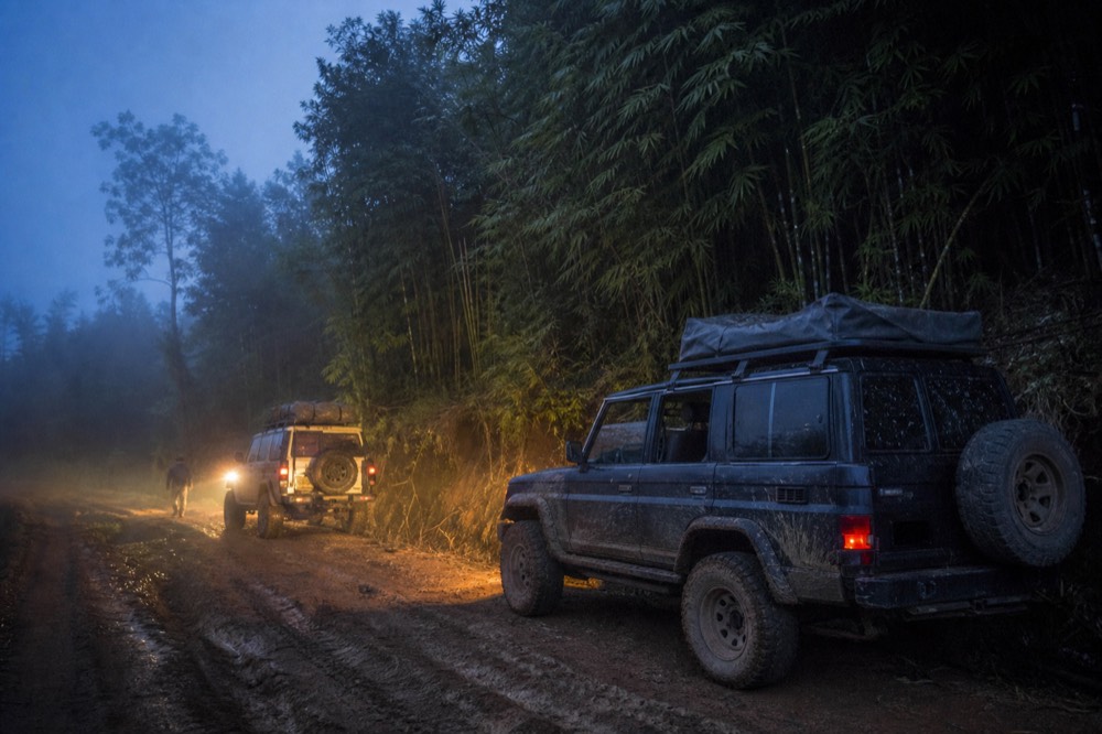 Two mud-splashed 4x4 vehicles parked on a rutted red-earth track at the forest edge, a steep wall of bamboo rising on one side