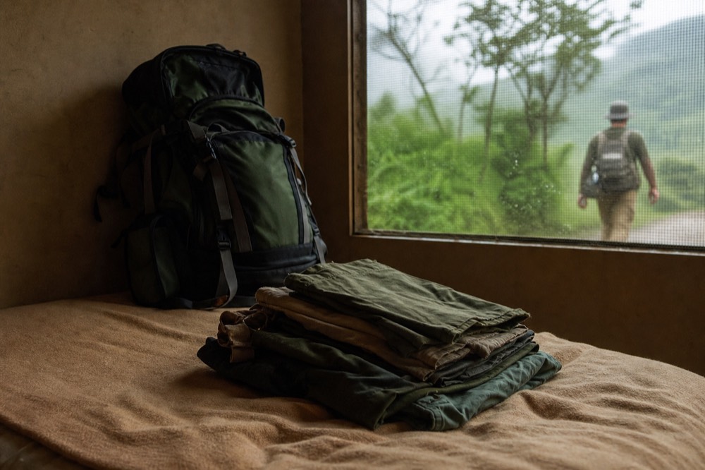 Olive and khaki trekking clothes folded on a bed beside a packed rucksack in a simple lodge room, warm morning light through a mesh window