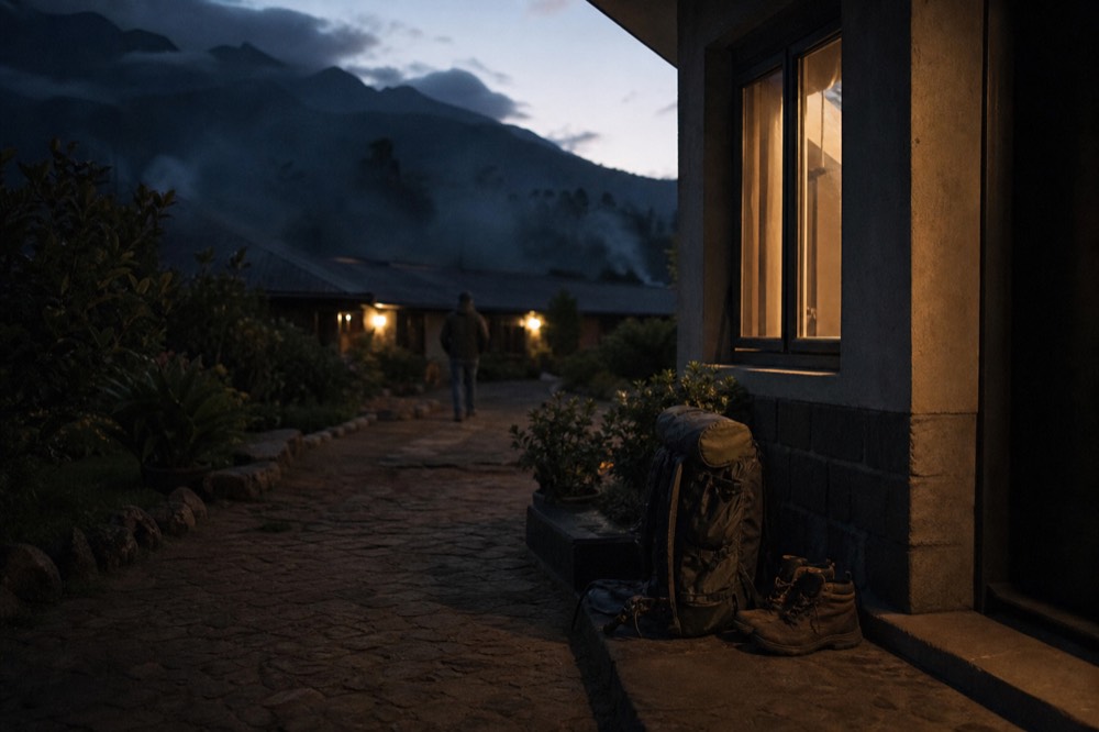 Pre-dawn hotel courtyard with a packed rucksack and boots waiting by a doorway, warm light spilling from a window, dark garden foliage around